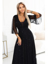numoco Dolga žametna obleka plus size z izrezom in prozornim rokavom - črna