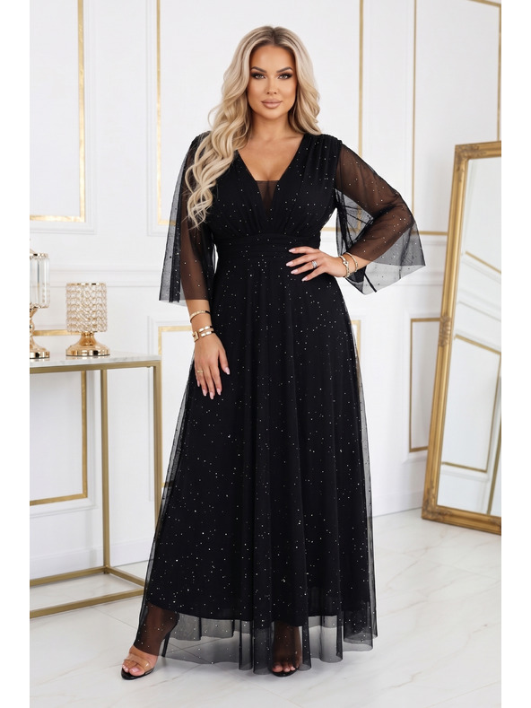 numoco Dolga žametna obleka plus size z izrezom in prozornim rokavom - črna