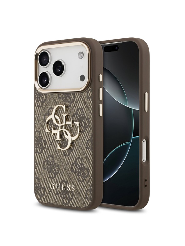 Guess Guess PU Leather 4G Metal Logo Gold Frame Zadnji Pokrov za iPhone 17 Pro Max Brown