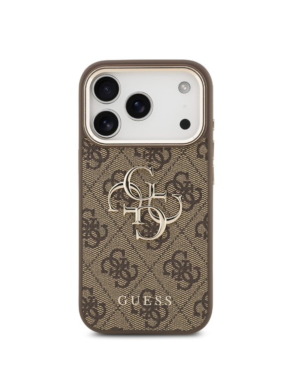 Guess Guess PU Leather 4G Metal Logo Gold Frame Zadnji Pokrov za iPhone 17 Pro Max Brown