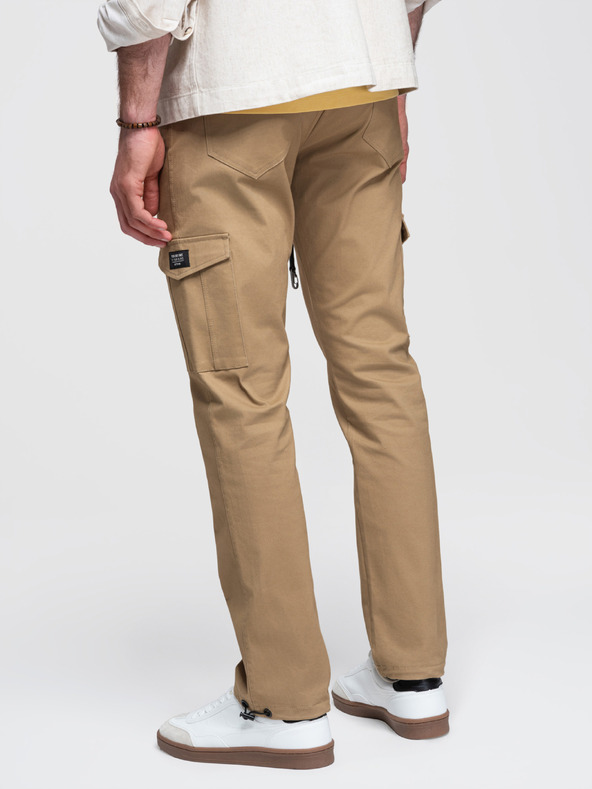 Ombre Clothing Moške hlače s cargo žepi in robom nohavic - svetlo rjava V3 P1526 Ombre Clothing
