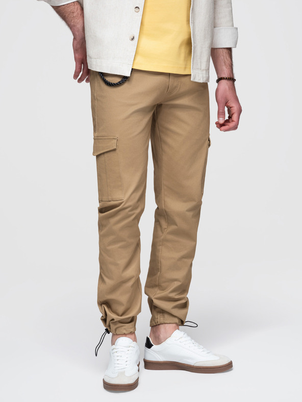 Ombre Clothing Moške hlače s cargo žepi in robom nohavic - svetlo rjava V3 P1526 Ombre Clothing