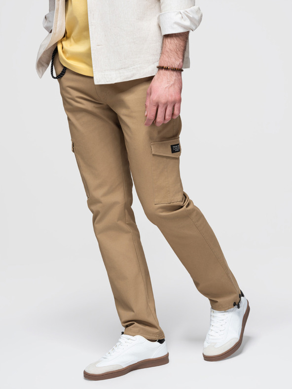 Ombre Clothing Moške hlače s cargo žepi in robom nohavic - svetlo rjava V3 P1526 Ombre Clothing