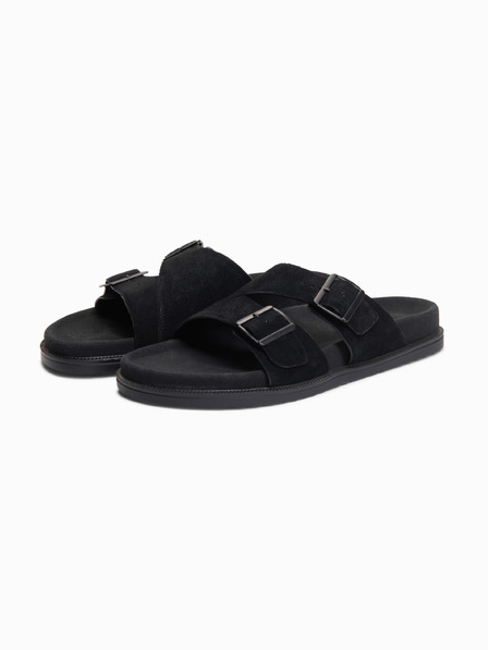 Ombre Clothing Moške japonke iz naravnega semiša z nastavljivi zaponkami - črne V1 OM-FOSF-0249 Ombre Clothing