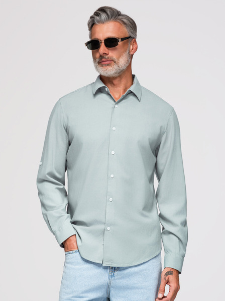 Ombre Clothing Moška srajca iz viskože in lanu v regular kroju – pastelno zelena V4 OM-SHCS-0190 Ombre Clothing