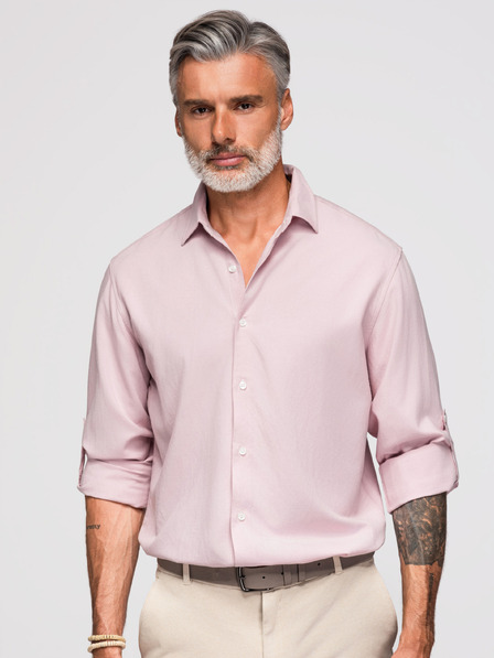 Ombre Clothing Moška srajca iz viskože in lanu, regular kroj – pastelno rožnata V3 OM-SHCS-0190 Ombre Clothing