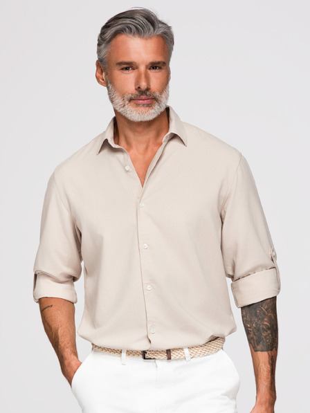 Ombre Clothing Moška srajca iz viskože in lanu, regular kroj – bež V1 OM-SHCS-0190 Ombre Clothing