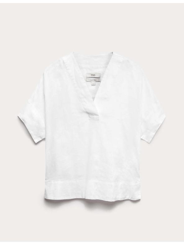 Marks & Spencer Popover top iz čistega lanu s V izrezom Marks & Spencer bela