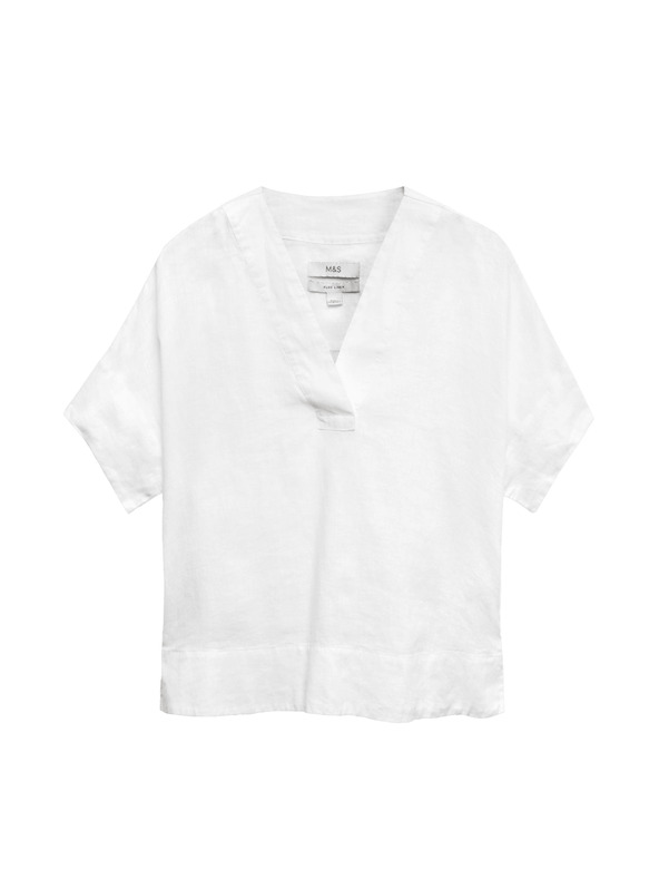 Marks & Spencer Popover top iz čistega lanu s V izrezom Marks & Spencer bela