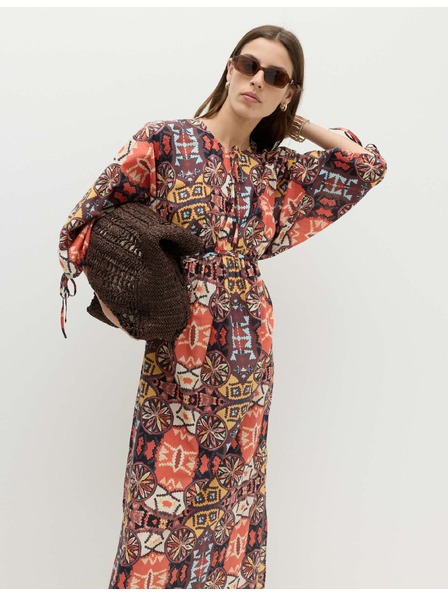 Marks & Spencer Kaftan midi obleka s potiskom in poudarjenim pasom iz čiste bombažne tkanine Marks & Spencer pisana