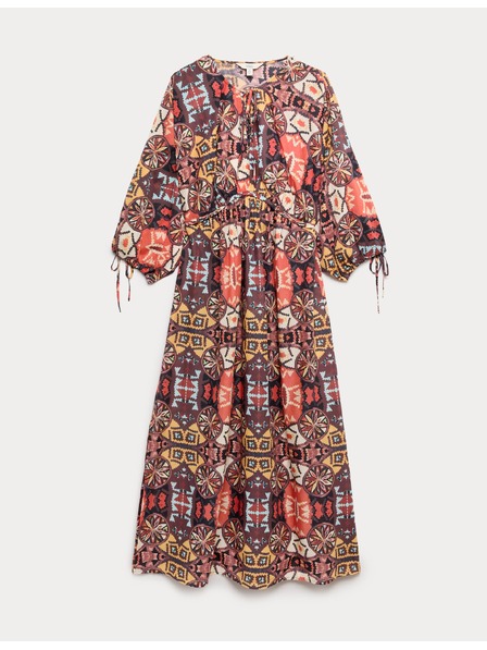 Marks & Spencer Kaftan midi obleka s potiskom in poudarjenim pasom iz čiste bombažne tkanine Marks & Spencer pisana
