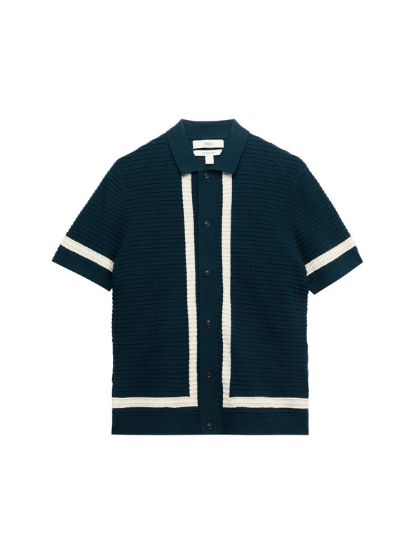 Marks & Spencer Pletena polo srajca iz čiste bombaže s kontrastnim robom Marks & Spencer modra