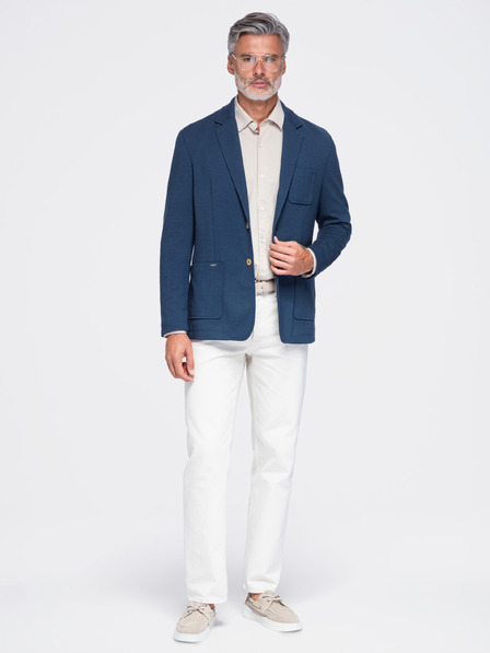 Ombre Clothing Moški raztegljivi blejzer SLIM iz pletiva s fino strukturo – modri V6 M165 Ombre Clothing