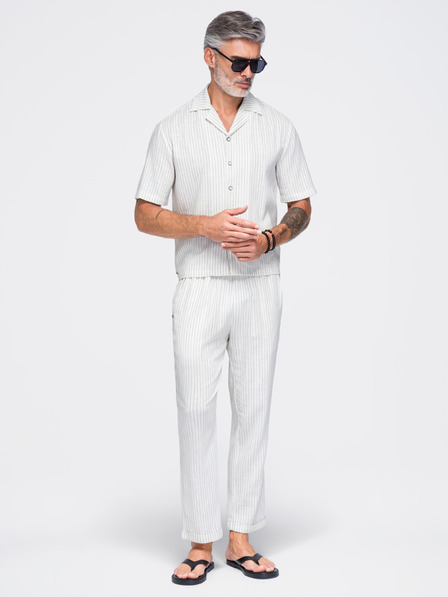 Ombre Clothing Moške hlače iz viskoznega platna in lanu s črtami – lomljena bela V1 OM-PACP-0311 Ombre Clothing