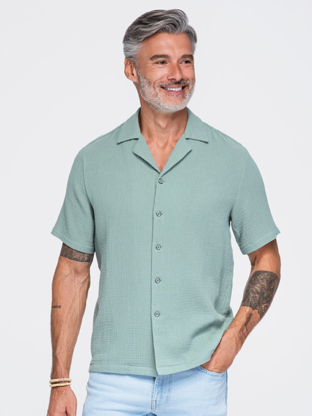 Ombre Clothing Moška muselinska srajca s kubanskim ovratnikom – pasterno zelena V3 OM-SHSS-0223 Ombre Clothing