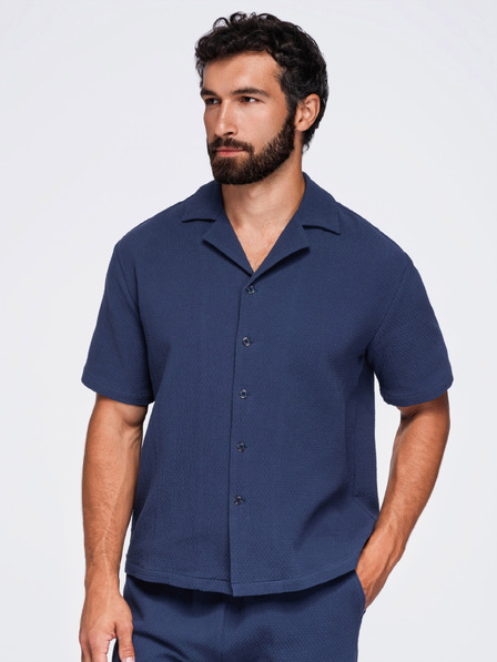 Ombre Clothing Moška bombažna srajca s kubanskim ovratnikom – temno modra V1 OM-SHSS-0220 Ombre Clothing