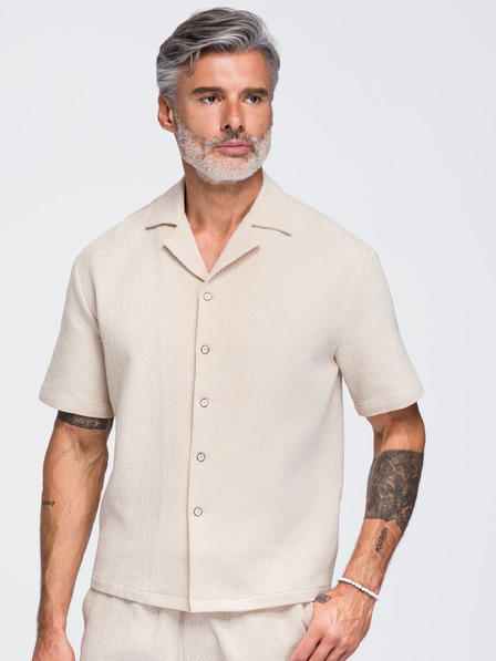 Ombre Clothing Moška bombažna srajca s kubanskim ovratnikom – slonokoščna V2 OM-SHSS-0220 Ombre Clothing