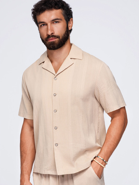 Ombre Clothing Moška bombažna srajca s kubanskim ovratnikom – svetlo rjava V1 OM-SHSS-0221 Ombre Clothing