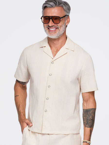 Ombre Clothing Moška bombažna srajca s kubanskim ovratnikom – kremasta V3 OM-SHSS-0221 Ombre Clothing