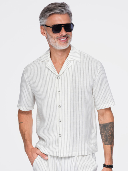 Ombre Clothing Moška prugasta srajca regular kroja iz viskoze in lana s kubanskim ovratnikom – slonokoščna V1 OM-SHSS-0222 Ombre Clothing