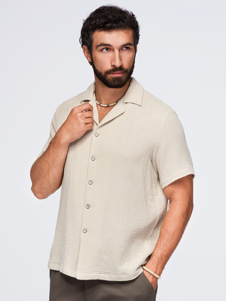 Ombre Clothing Moška muselinska srajca s kubanskim ovratnikom – bež V1 OM-SHSS-0223 Ombre Clothing