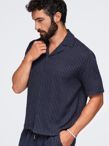 Ombre Clothing Moška prugasta srajca regular kroja iz viskoze in lana s kubanskim ovratnikom – temno modra V2 OM-SHSS-0222 Ombre Clothing