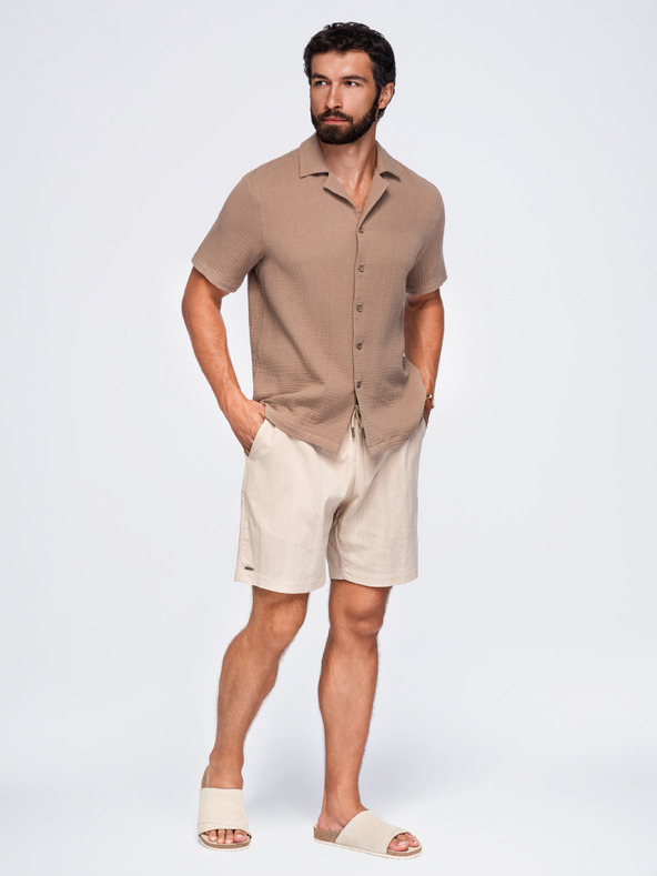 Ombre Clothing Moška muselinska srajca s kubanskim ovratnikom – svetlo rjava V2 OM-SHSS-0223 Ombre Clothing