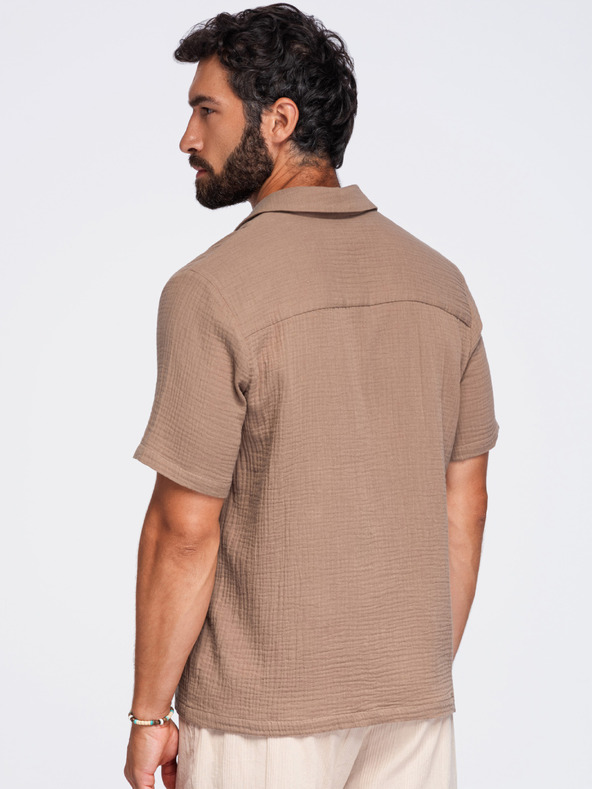 Ombre Clothing Moška muselinska srajca s kubanskim ovratnikom – svetlo rjava V2 OM-SHSS-0223 Ombre Clothing