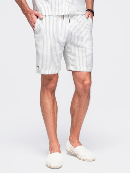 Ombre Clothing Moške viskozno-lanene kratke hlače REGULAR FIT s prugami – slonokoščne V1 OM-SRCS-0208 Ombre Clothing