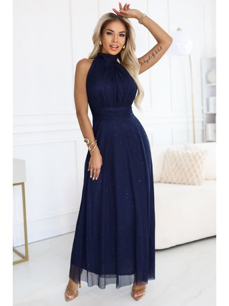 numoco VERONICA Luksuzne dolge obleke z brokadnim akcentom in elegantnim rezom - temno modre