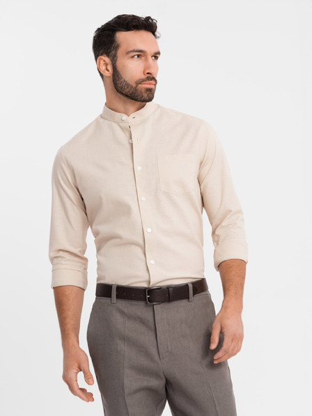 Ombre Clothing Moška lanena srajca s stoječem in žepom, kroj REGULAR FIT – kremna V3 K704 Ombre Clothing