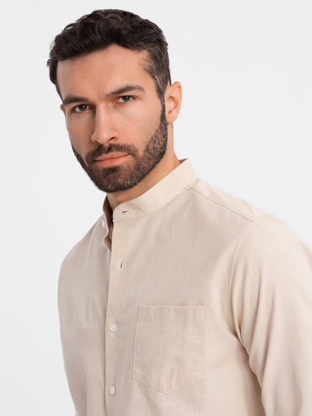 Ombre Clothing Moška lanena srajca s stoječem in žepom, kroj REGULAR FIT – kremna V3 K704 Ombre Clothing
