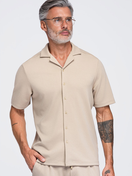 Ombre Clothing Moška srajca s kratkimi rokavi in kubanski ovratnik – bež V3 OM-SHCS-0220 Ombre Clothing