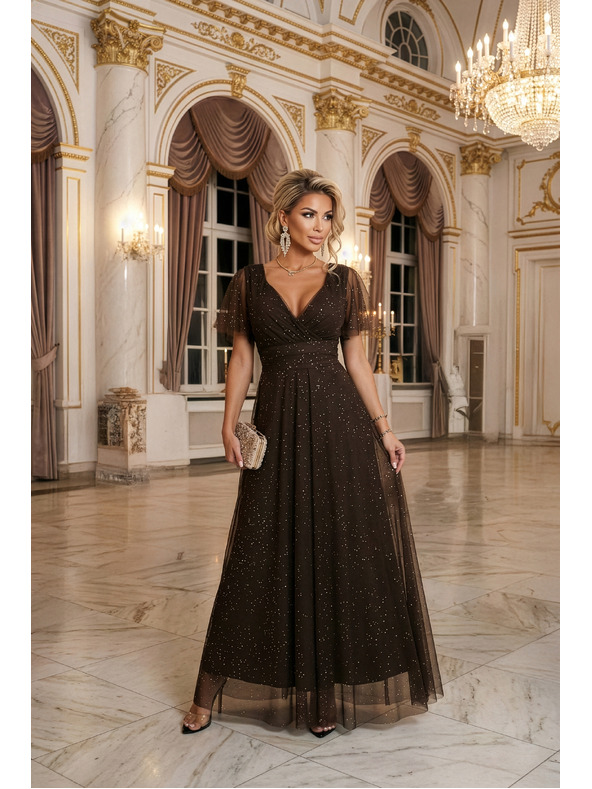 numoco MELANIA dolge, leske obleke z izrezom in kratkimi rokavi - čokoladne