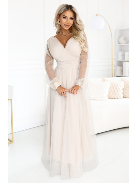 numoco Dolge maxi obleke s tülevimi rokavi in zavitim izrezom - beige