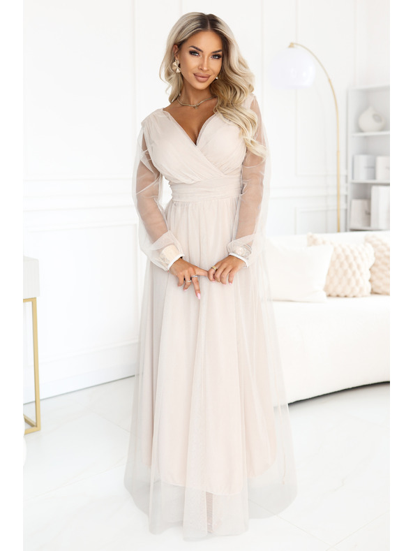 numoco Dolge maxi obleke s tülevimi rokavi in zavitim izrezom - beige