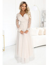 numoco Dolge maxi obleke s tülevimi rokavi in zavitim izrezom - beige