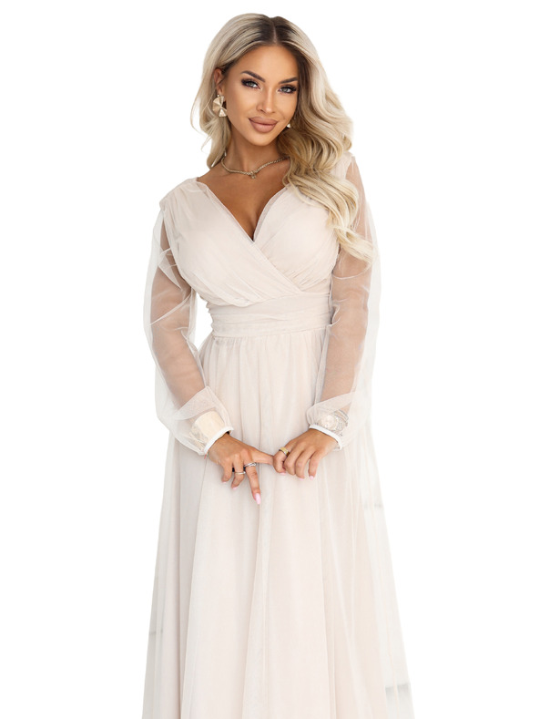 numoco Dolge maxi obleke s tülevimi rokavi in zavitim izrezom - beige