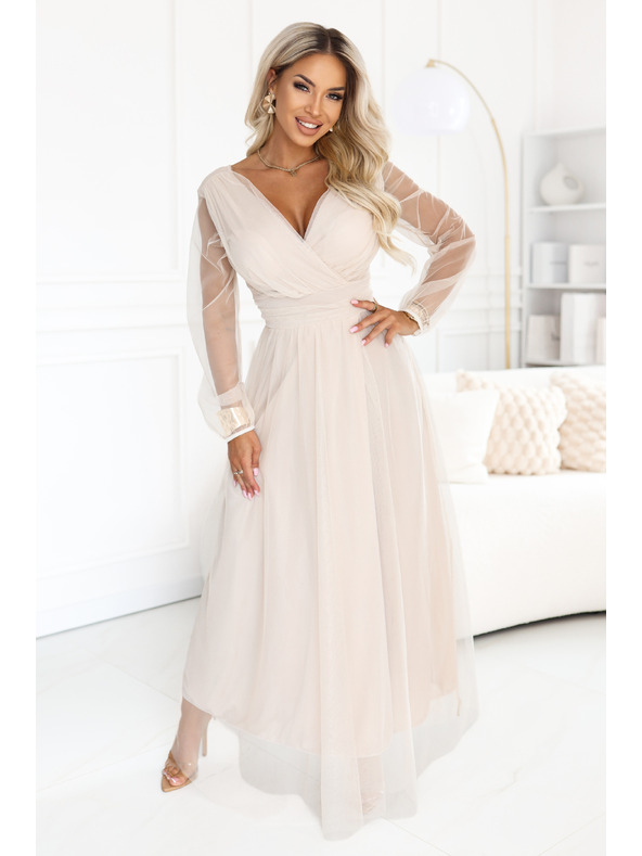numoco Dolge maxi obleke s tülevimi rokavi in zavitim izrezom - beige