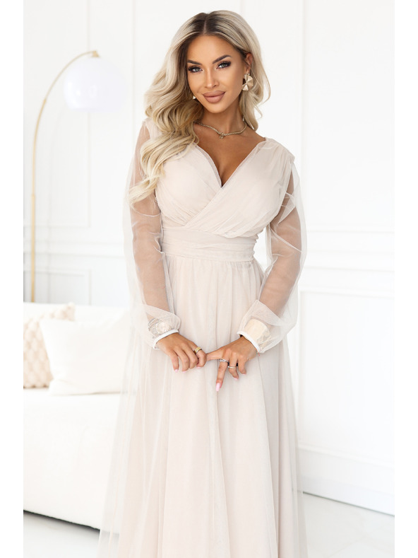 numoco Dolge maxi obleke s tülevimi rokavi in zavitim izrezom - beige