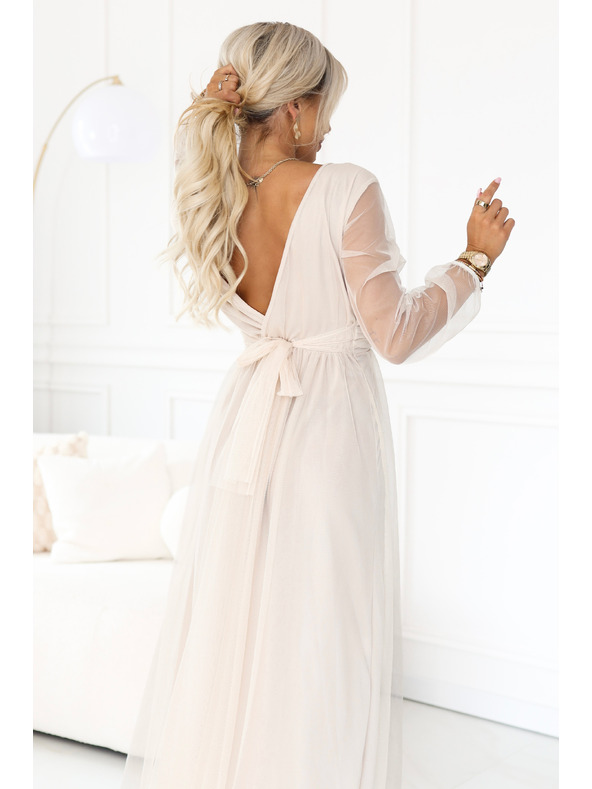 numoco Dolge maxi obleke s tülevimi rokavi in zavitim izrezom - beige