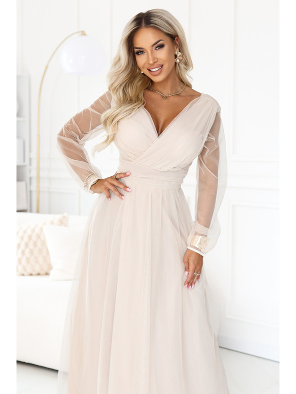 numoco Dolge maxi obleke s tülevimi rokavi in zavitim izrezom - beige