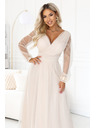numoco Dolge maxi obleke s tülevimi rokavi in zavitim izrezom - beige