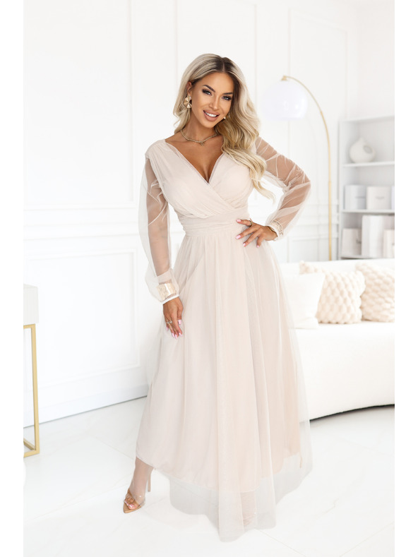 numoco Dolge maxi obleke s tülevimi rokavi in zavitim izrezom - beige