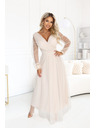 numoco Dolge maxi obleke s tülevimi rokavi in zavitim izrezom - beige