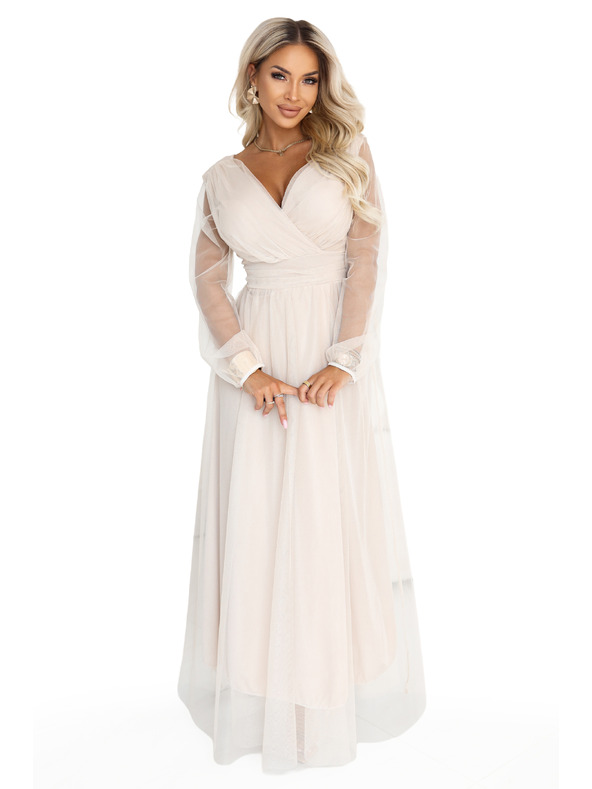 numoco Dolge maxi obleke s tülevimi rokavi in zavitim izrezom - beige