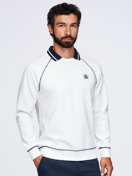 Ombre Clothing Moški pulover z vezenim črkogarbom in kontrastnim ovratnikom – temno modra V1 OM-SSNZ-0269 Ombre Clothing