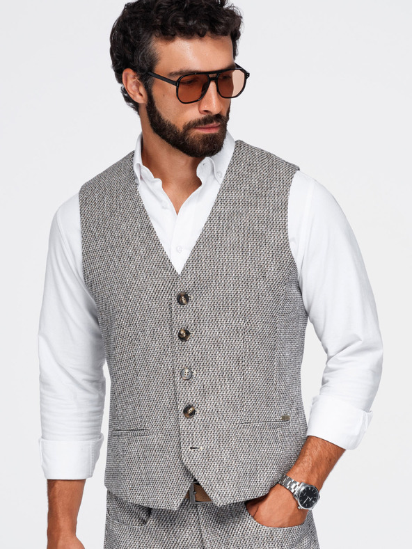 Ombre Clothing Moški strukturirani telovnik k obleku – rjava melanž V1 OM-BLZV-0155 Ombre Clothing