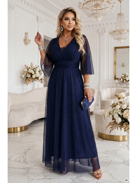 numoco Dolge svetleče plus size obleke z izrezom in prozorno roko - temno modra