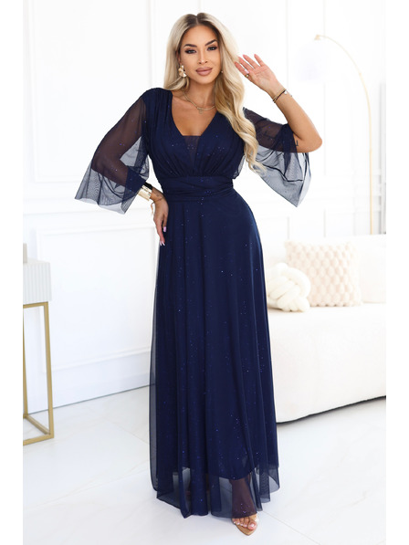 numoco Dolge svetleče plus size obleke z izrezom in prozorno roko - temno modra